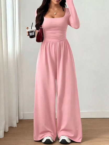 Ruched Square Neck Wide-Leg Jumpsuit