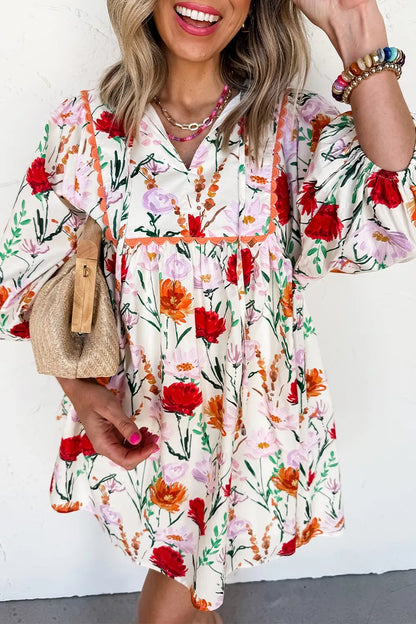 Floral Print 3/4 Puff Sleeve Ricrac Trim Mini Dress
