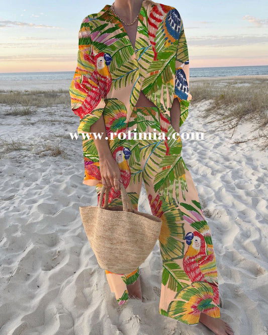 Chic Rainforest Parrot Print Two -piece Suit