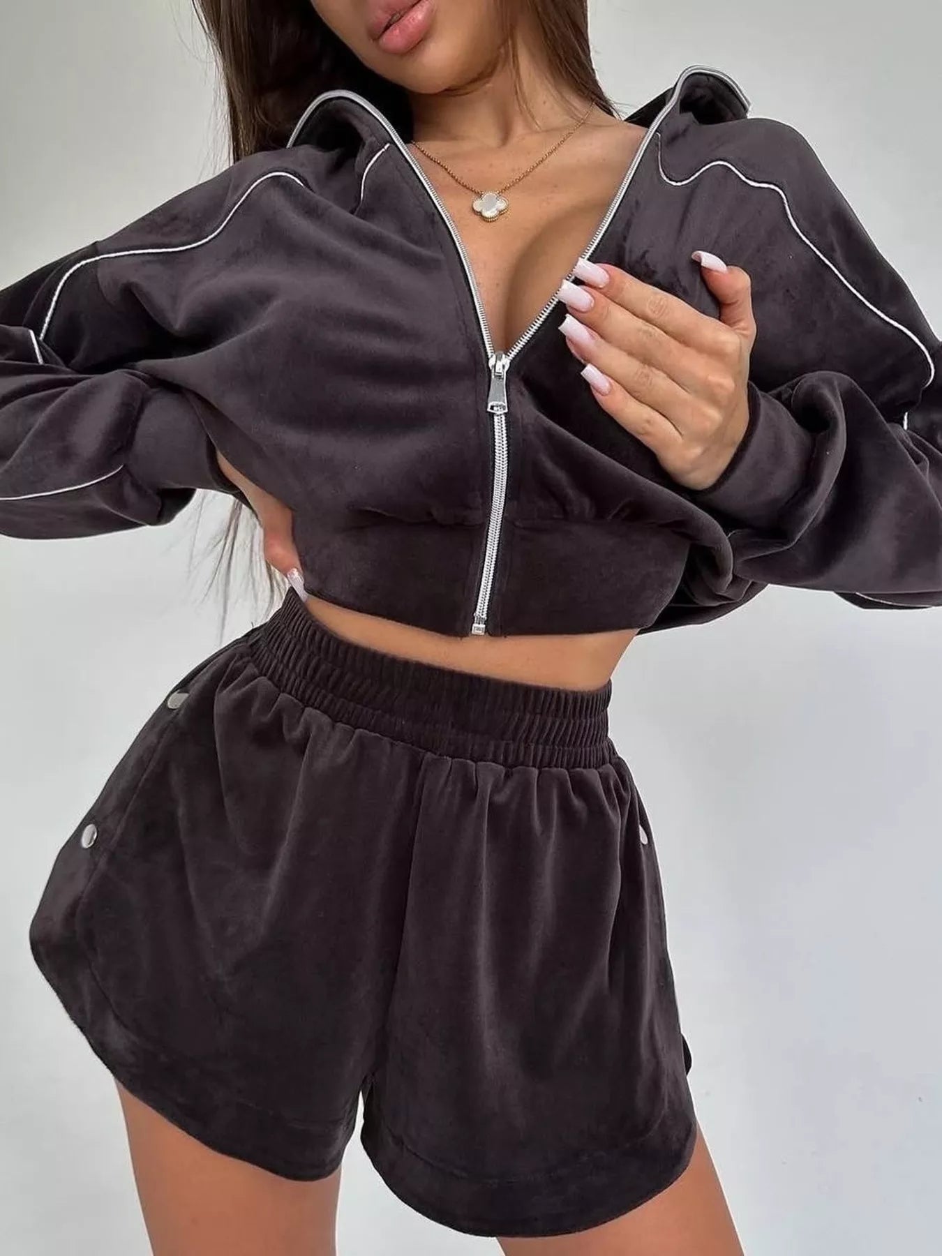 Zip-Up Outerwear and Shorts Set