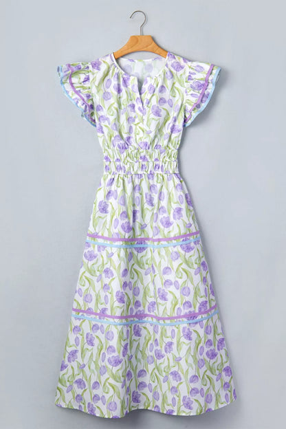 Floral Print Contrast Trim Midi Dress