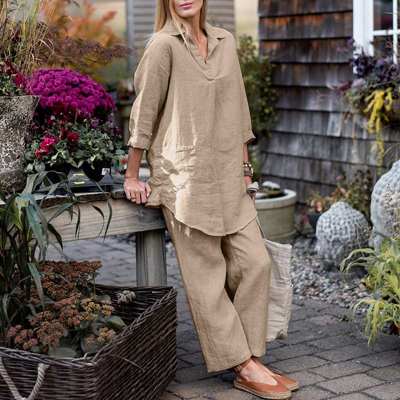 Elegant Shirt Wide Leg Pants Solid Color 2pieces-Suit