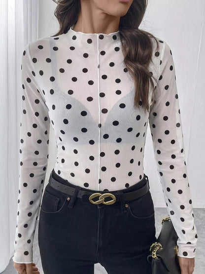 Sheer Polka Dot Long Sleeve Mock Neck Top