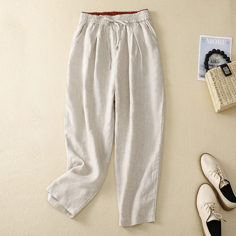 Cotton linen tie casual cropped pants