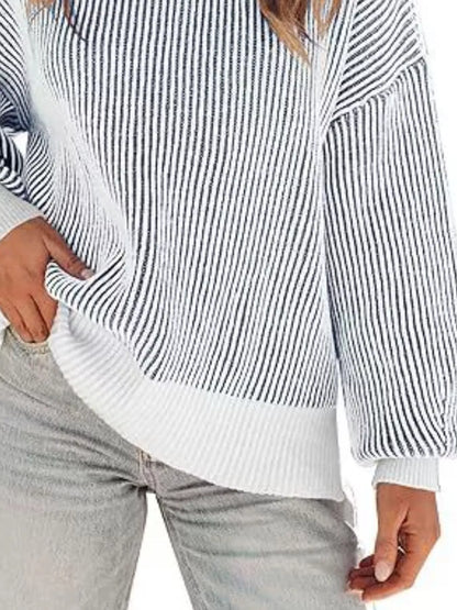 Stripe Dropped Shoulder Sweater for Women Relaxed Chic Knit