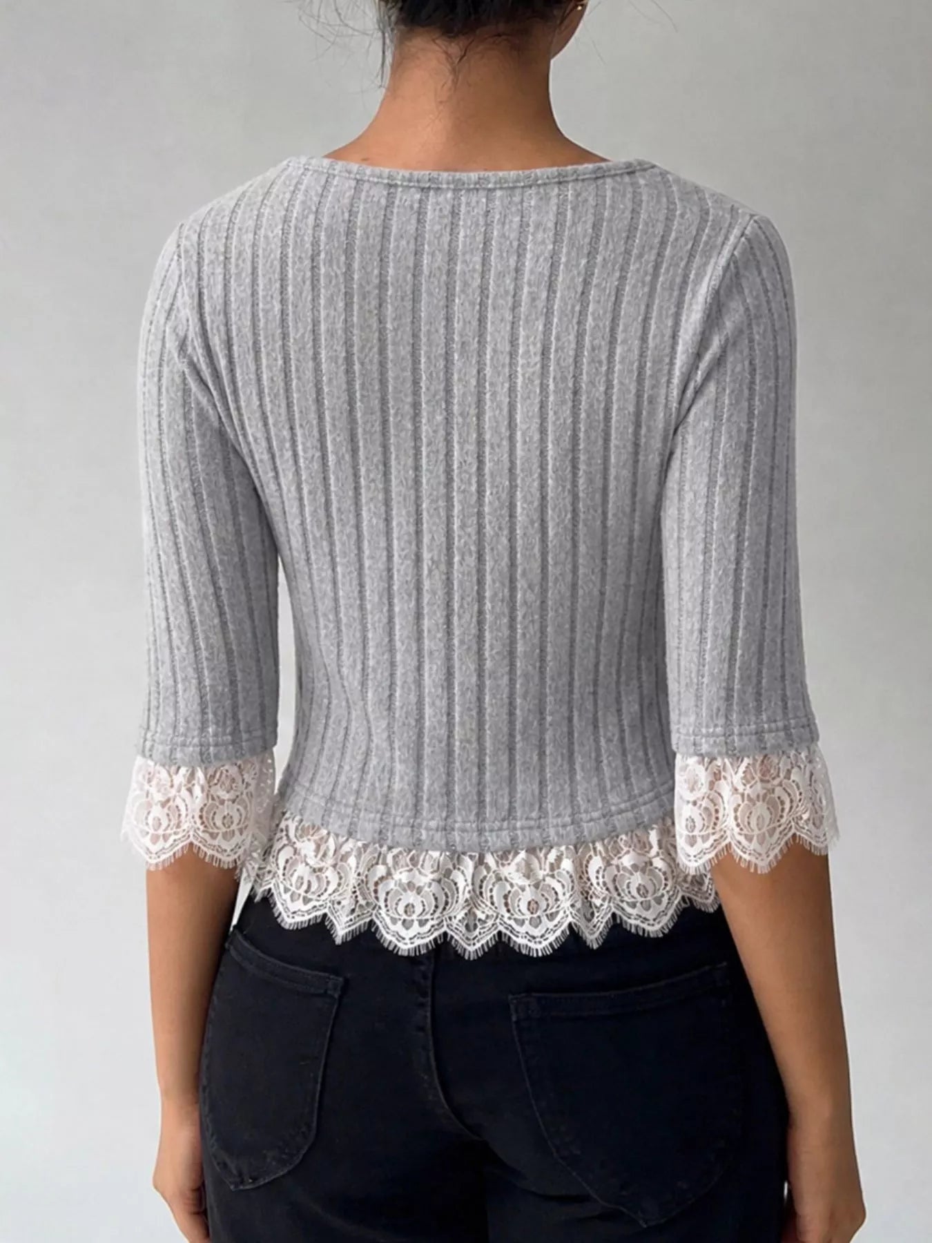 Lace Hem Ribbed Knit Button-Down Top