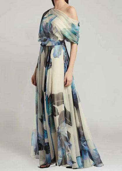 Sky Blue Asymmetrical Print Chiffon Long Dresses