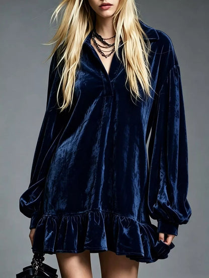 Full Size Velvet Ruffled Hem Long Sleeve Dress Plus Size
