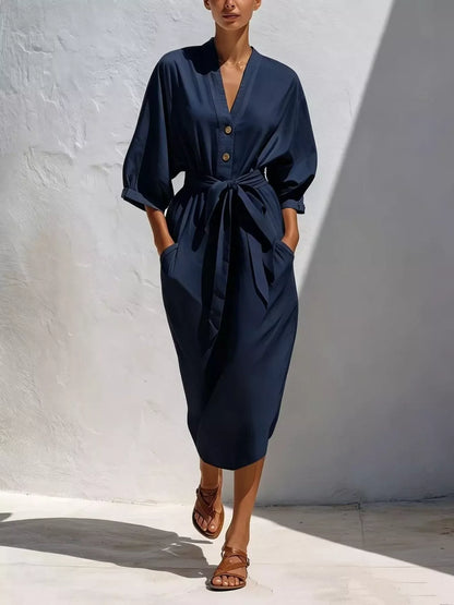 Full Size Tie Waist V-Neck Midi Dress Plus Size