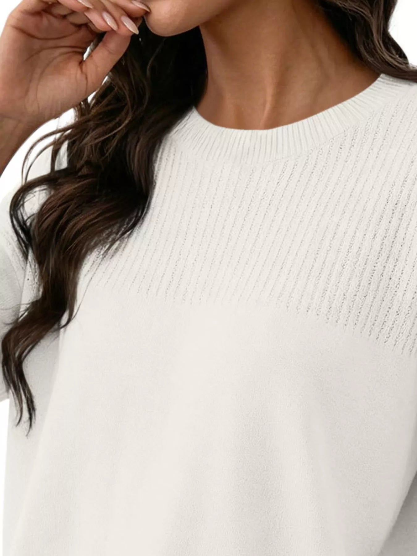 Elegant Crew Neck Eyelet Ribbed Sweater