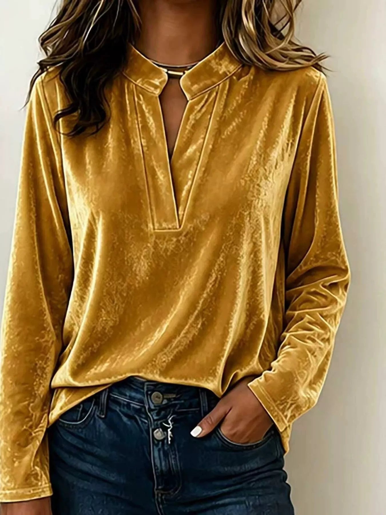 Plus Size Velvet Notched Long Sleeve Blouse