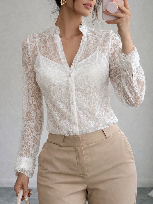 Sheer Lace Long-Sleeve Blouse With Delicate Trim