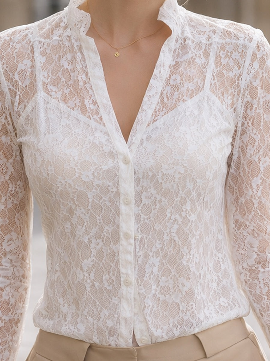 Sheer Lace Long-Sleeve Blouse With Delicate Trim
