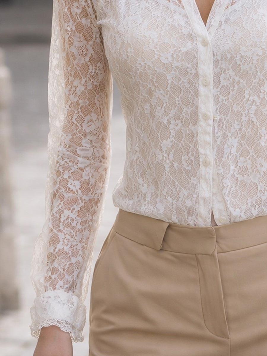 Sheer Lace Long-Sleeve Blouse With Delicate Trim