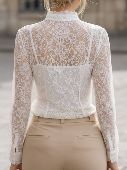 Sheer Lace Long-Sleeve Blouse With Delicate Trim