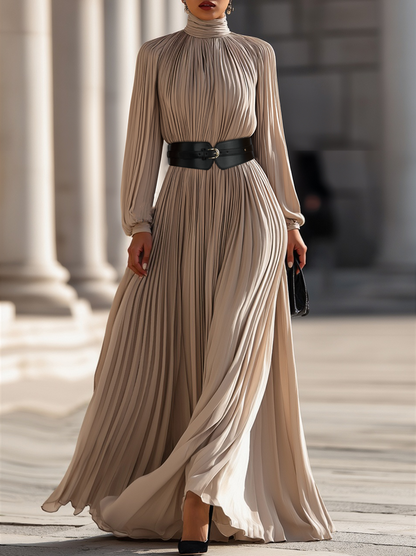 Pleated High-Neck Maxi Dress
