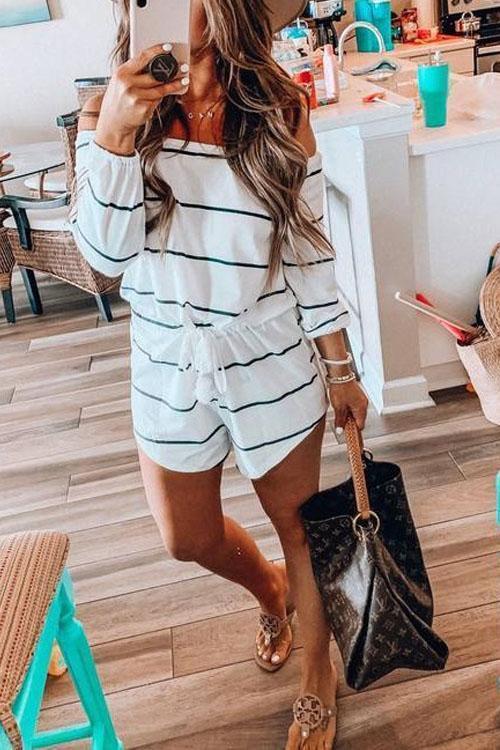 Rosiedress Off Shoulder Drawstring Waist Striped Shorts Jumpsuit