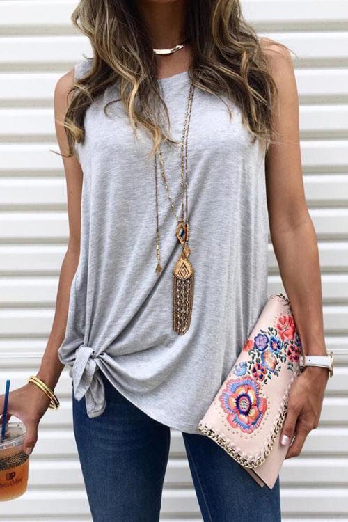 Rosiedress Casual Side Tie Knot Front Tank Top Gray