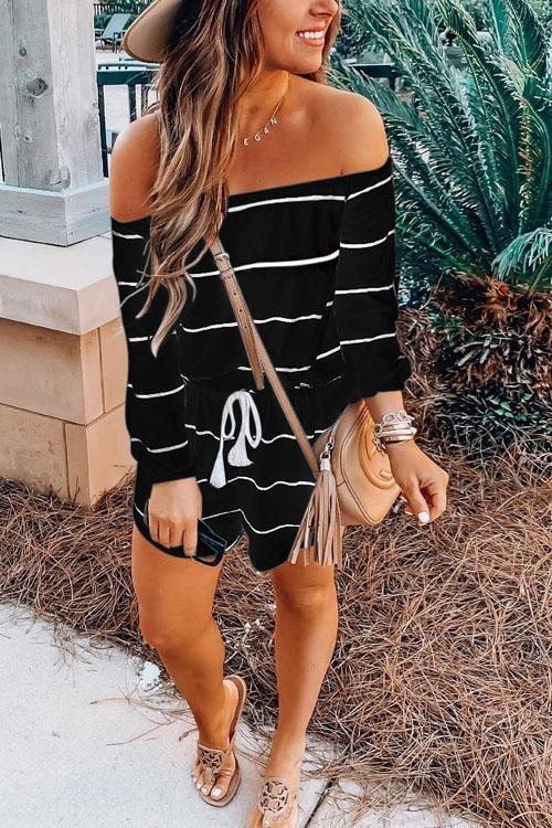 Rosiedress Off Shoulder Drawstring Waist Striped Shorts Jumpsuit