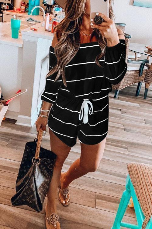 Rosiedress Off Shoulder Drawstring Waist Striped Shorts Jumpsuit