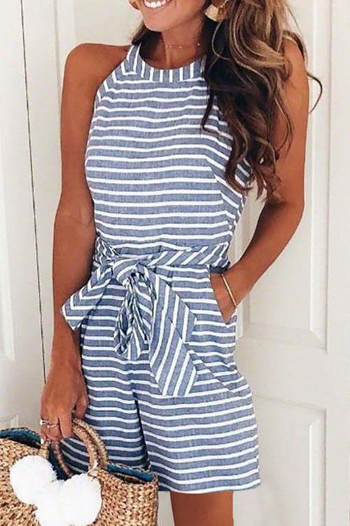 Rosiedress Bow-knot Sleeveless Striped Romper Blue