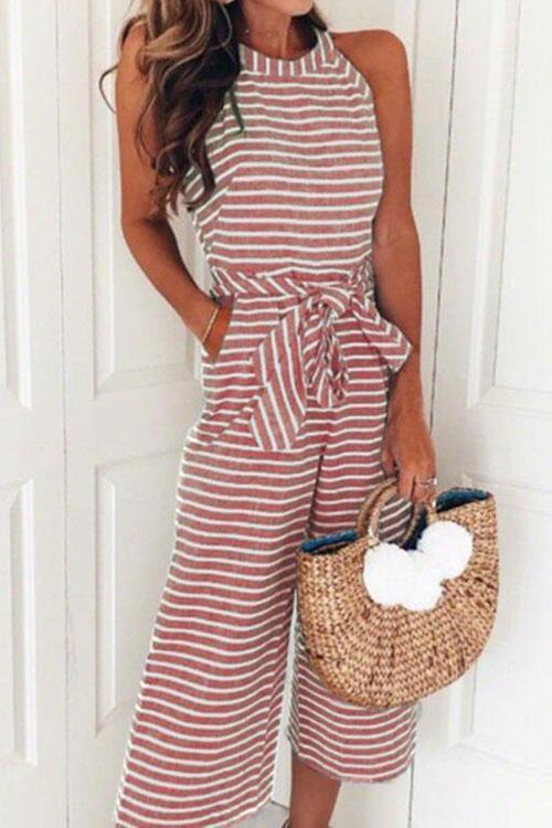 Crewneck Sleeveless Striped Bow-Knot Wide Leg Jumpsuit Pink