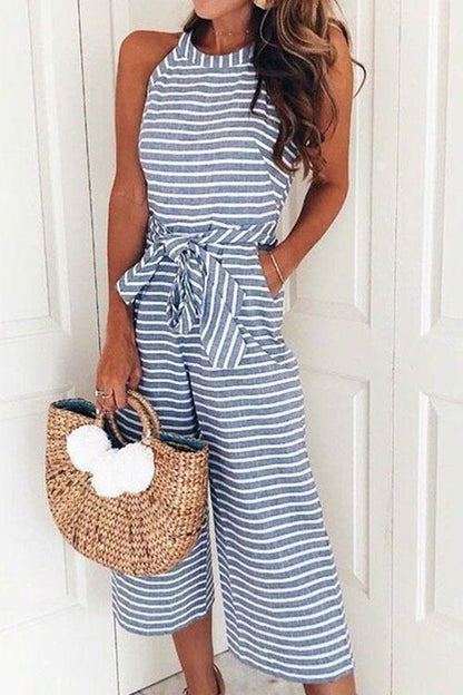 Rosiedress Crewneck Sleeveless Striped Bow-Knot Wide Leg Jumpsuit Blue