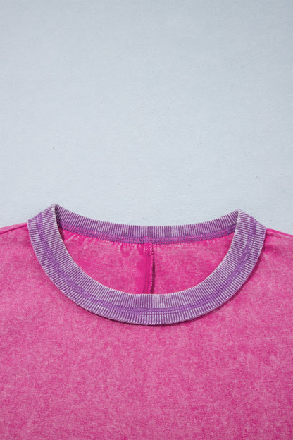 Strawberry Pink Mineral Wash Color Block Trim Bracelet Sleeve Pullover Top