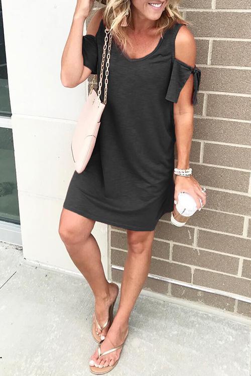 Rosiedress V Neck Cold Shoulder Solid T Shirt Dress Black