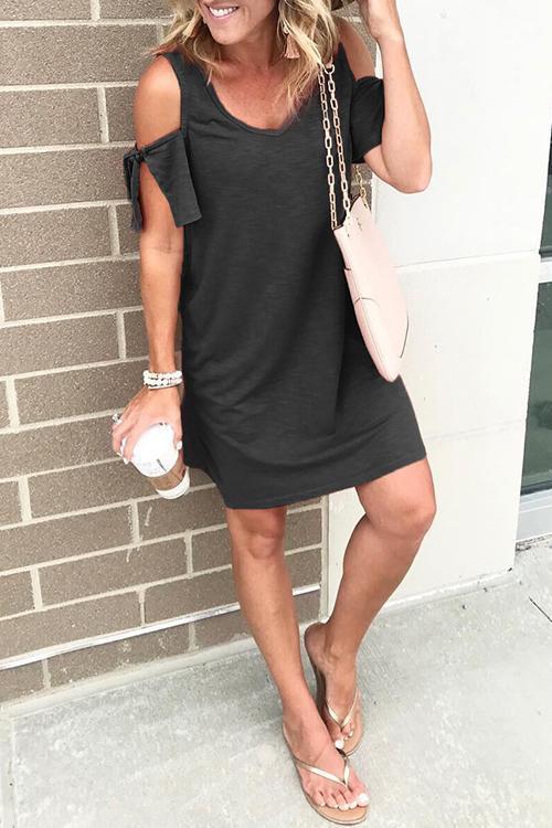 Rosiedress V Neck Cold Shoulder Solid T Shirt Dress