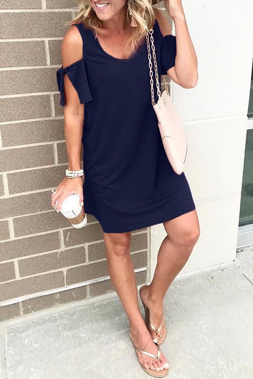 Rosiedress V Neck Cold Shoulder Solid T Shirt Dress