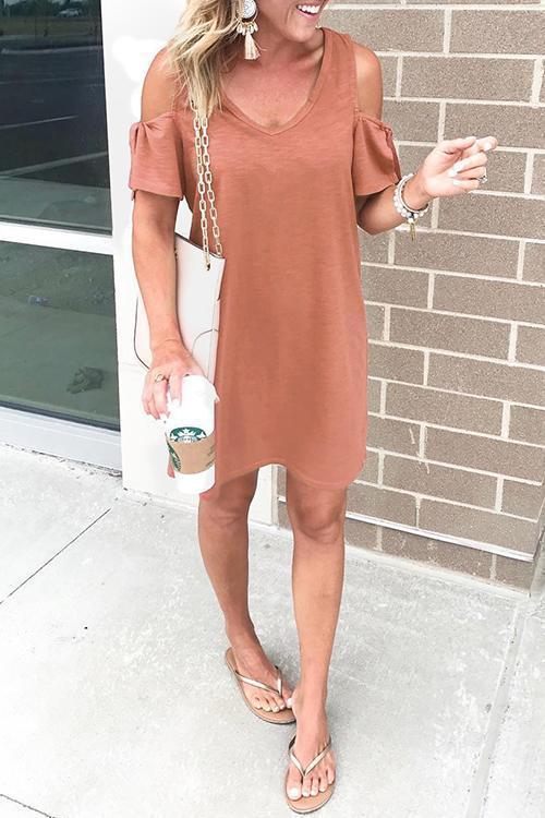 Rosiedress V Neck Cold Shoulder Solid T Shirt Dress