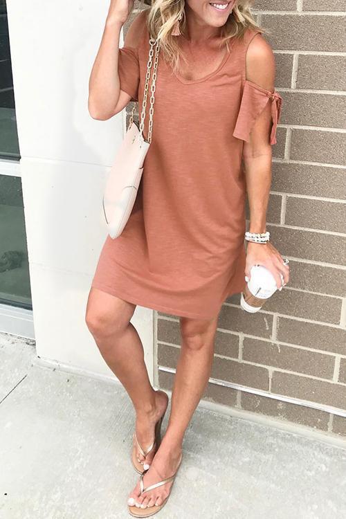 Rosiedress V Neck Cold Shoulder Solid T Shirt Dress Red