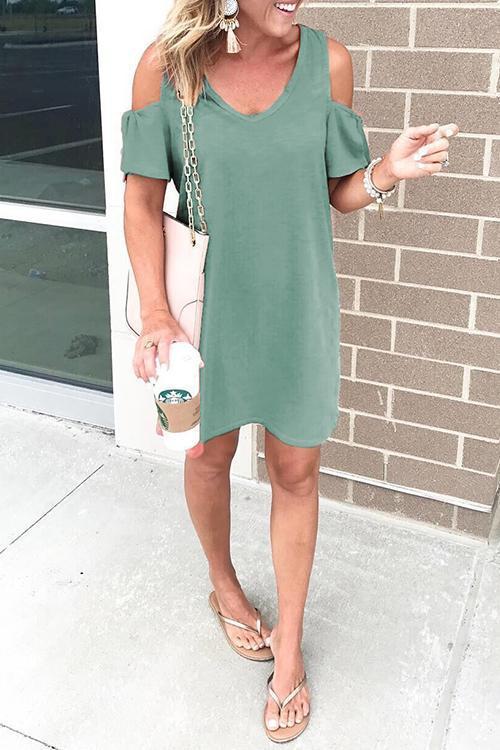 Rosiedress V Neck Cold Shoulder Solid T Shirt Dress