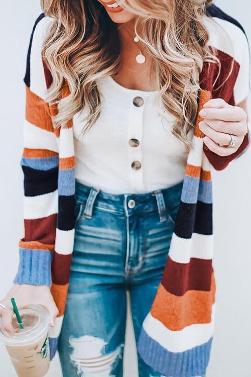 Rosiedress Rainbow Stripes Open Front Cozy Sweater Cardigan