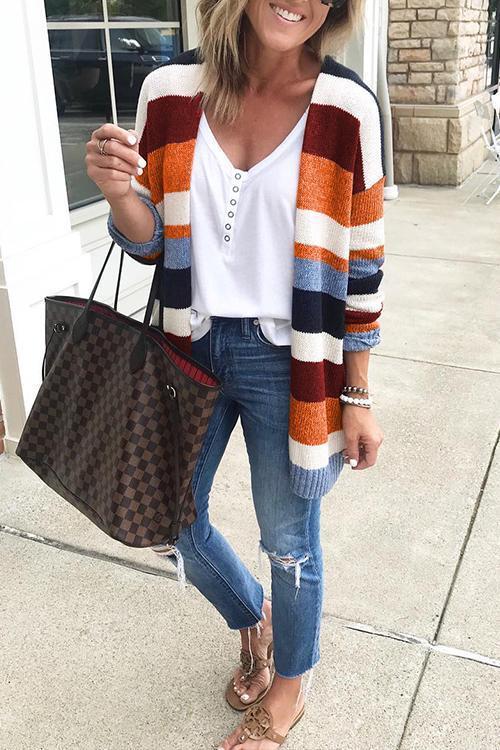 Rosiedress Rainbow Stripes Open Front Cozy Sweater Cardigan