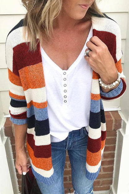 Rosiedress Rainbow Stripes Open Front Cozy Sweater Cardigan Multicolor Stripe