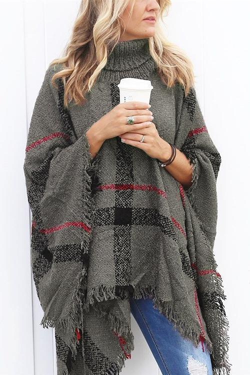 Soft Tassel Lattice Cloak Poncho Sweater Grey OneSize