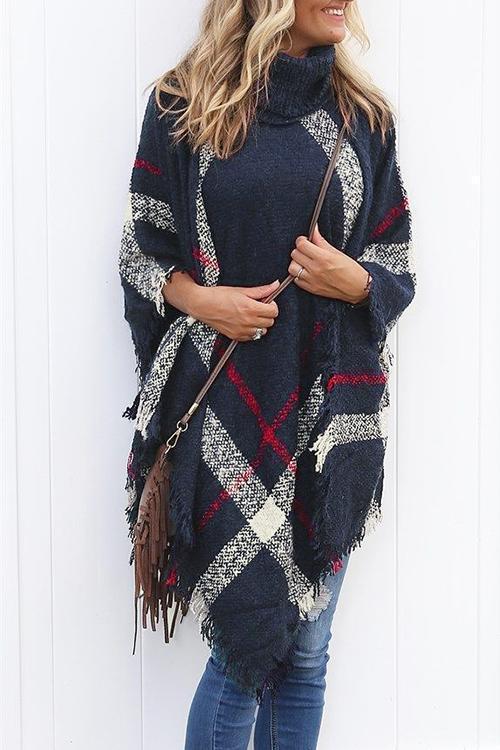 Soft Tassel Lattice Cloak Poncho Sweater Navy blue OneSize