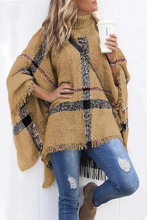 Soft Tassel Lattice Cloak Poncho Sweater Khaki OneSize