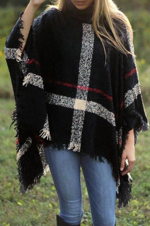 Rosiedress Tassel Color Block Classic Cloak Poncho Sweater Black OneSize