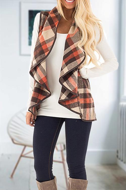 Rosiedress Pockets Plaid Jacket Vest Khaki