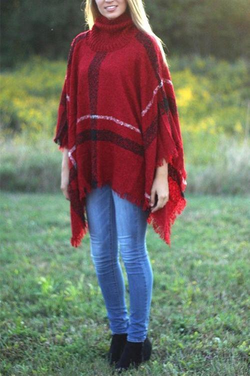 Rosiedress Soft Tassel Lattice Cloak Poncho Sweater Red OneSize