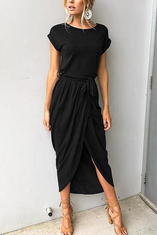 Short Sleeve Tie Waist Slit Midi Dress Black