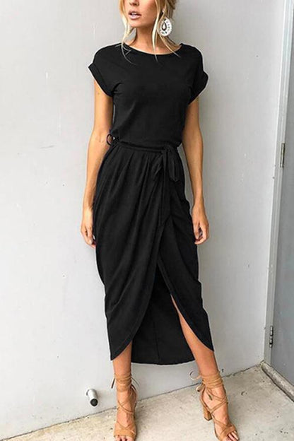 Rosiedress Short Sleeve Tie Waist Slit Midi Dress Black