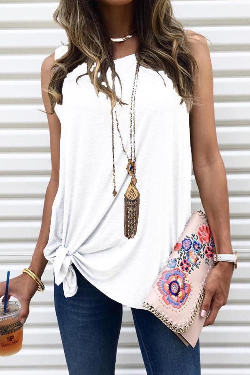 Rosiedress Casual Side Tie Knot Front Tank Top White