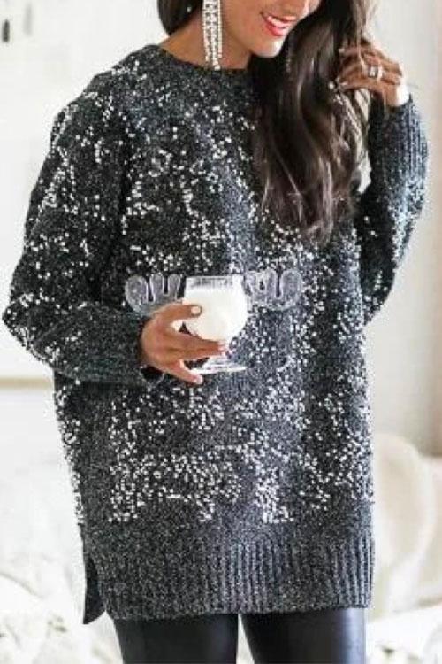 Crewneck Side Split Sequin Glitter Sweater DarkGray
