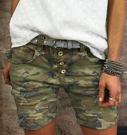 Elastic Waist Buttons Skinny Camo Shorts ArmyGreen