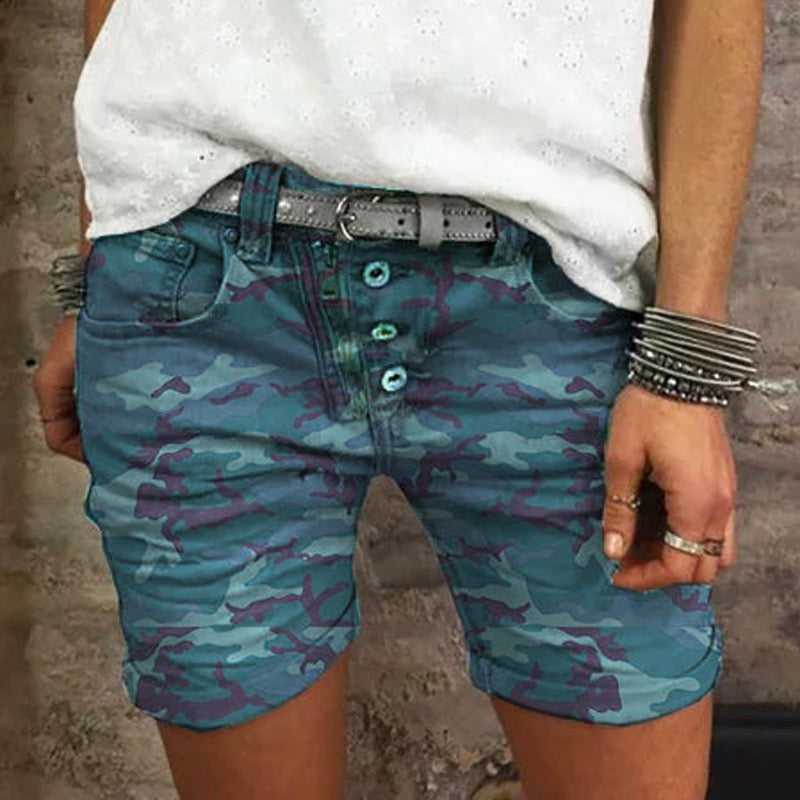Elastic Waist Buttons Skinny Camo Shorts Blue