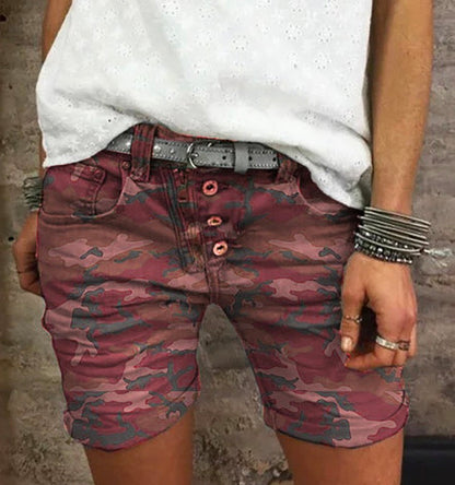 Elastic Waist Buttons Skinny Camo Shorts Red